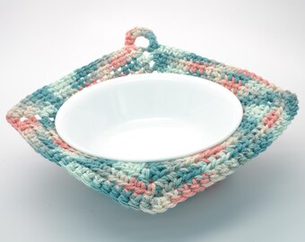 Hand Crocheted Bowl Cozy, Multi Green Orange, 100% Cotton, Microwave Safe, FAST SHIPPING