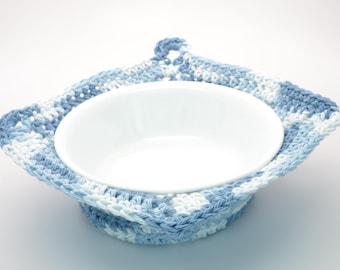 Hand Crocheted Bowl Cozy, Multi Blue, 100% Cotton, Microwave Safe, FAST SHIPPING