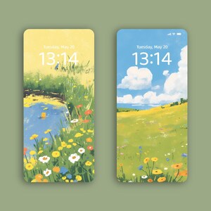 Sfondi per telefono dipinti a mano, Illustrazione digitale, Paesaggio estivo, Carta da parati floreale, Natura estetica, iphone wallpaper