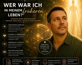 Könnte beinhalten: Eine Werbegrafik für eine Tarot-Lesung mit einem nach oben blickenden Mann, einer leuchtenden Silhouette und deutschem Text, darunter 'TAROT READING', 'WER WAR ICH IN MEINEM FRÜHEREN LEBEN?' sowie verschiedene Servicedetails.
