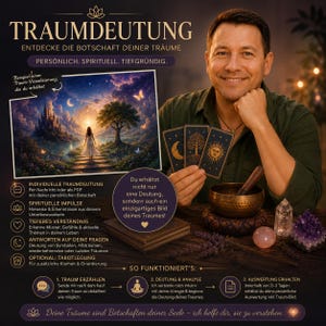 May include: A digital service advertisement titled TRAUMDEUTUNG featuring text in German, three tarot cards with moon, tree, and sun symbols, a bronze singing bowl, and a crystal cluster. An inset image shows a fantasy landscape with a castle.