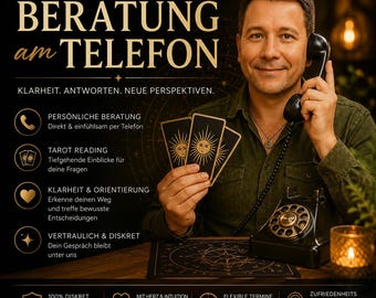 Könnte beinhalten: Eine Werbegrafik für eine Tarot-Beratung mit dem Text TAROT READING BERATUNG am TELEFON. Das Bild zeigt drei schwarze Tarotkarten mit goldenen Sonnenmotiven, ein schwarzes Vintage-Telefon mit Wählscheibe und einen dunklen Hintergrund.
