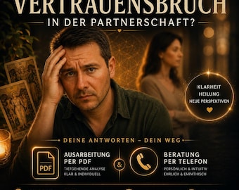 Könnte beinhalten: Ein Werbegrafik für eine Tarot-Beratung mit dem Titel TAROT READING VERTRAUENSBRUCH IN DER PARTNERSCHAFT? mit einer nachdenklichen Person, Tarotkarten und Texten zu PDF-Ausarbeitungen sowie telefonischer Beratung in Goldtönen.