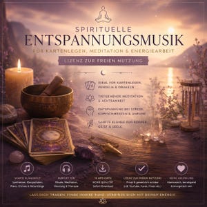 Op de afbeelding: Een digitale afbeelding met de tekst SPIRITUELLE ENTSPANNUNGSMUSIK, een brandende kaars, een klankschaal, tarotkaarten, een pendel en windgongen tegen een achtergrond van een meer bij zonsondergang, inclusief iconen en beschrijvende tekst.
