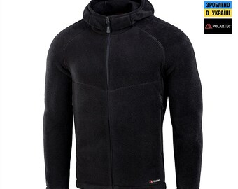 May include: Black hooded fleece jacket with a full-length zipper. The jacket features a high collar, long sleeves, and a small logo on the lower right. The jacket has the "POLARTEC" logo and the text "M-TAC" on the upper right.