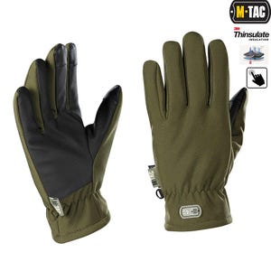 May include: Olive green gloves with black palm and fingertip detailing. The gloves feature a textured grip and are touchscreen compatible. The M-TAC logo is displayed on the gloves.