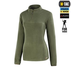 May include: Olive green long-sleeved fleece top with a mock neck and a quarter-zip closure. The top features a fitted design and is made of a soft, warm material. The image includes the text "FOR WOMEN".