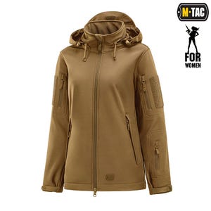 May include: A tan hooded jacket with a full-length zip, multiple pockets, and patches on the sleeves. The jacket has a high collar and drawstrings on the hood. The logo "M-TAC" is visible in the upper right corner, along with the text "FOR WOMEN".