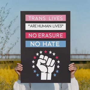 トランスジェンダーの権利を守るポスター、LGBTQ+活動家のウォールアートプリント、大胆なプライドタイポグラフィデジタル、トランスジェンダー平等抗議の印刷可能な装飾