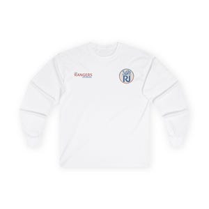 May include: White long-sleeve shirt with the text "The Rangers Journal" in red and a circular emblem with "RJ" in blue and white. The shirt is made of a soft material.