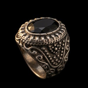 Antique Silver Ring with Large Black Stone - Ornate Filigree Statement Ring