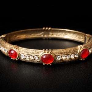 Puede incluir: Brazalete dorado con bisagras con tres piedras preciosas rojas ovaladas y filas de pequeños cristales transparentes. El brazalete tiene una superficie texturizada sobre un fondo negro.
