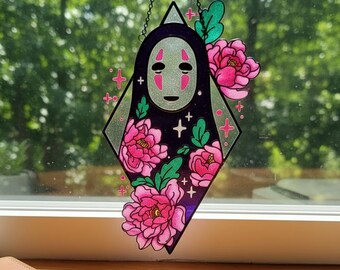 Attrape-soleil en résine sans visage Chihiro, tenture de fenêtre anime, décoration imitation vitrail, oeuvre d'art Ghibli, panneau acrylique floral rose