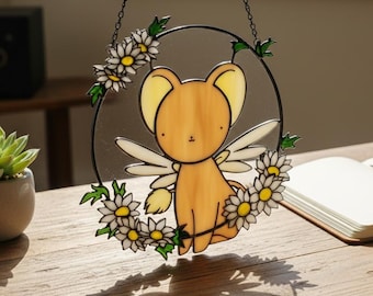 Kero Cardcaptor Sakura Resin Suncatcher, Faux Stained Glass Anime Window Hanging, Kawaii Magical Girl Fan Art Decor Gift, Daisy Floral Chain