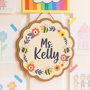Personalized Teacher Door Sign with Bees and Flowers, Custom Classroom Welcome Sign, Back to School Teacher Gift, Classroom Decor