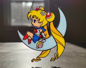 Sailor Moon Resin Suncatcher, Konstmålat Glas Anime Suncatcher, - Kawaii Magisk Flicka Halvmåne Dekor Gåva