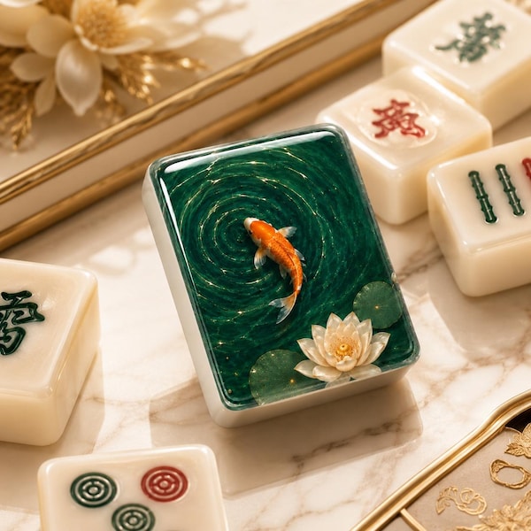 Koi Lotus Mahjong Tiles, 1.4"x1.0"x0.6" Luxury American Mahjong Tiles, Chinoiserie Porcelain Luxe Mahjong Gift
