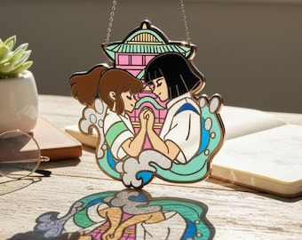 Spirited Away Chihiro x Haku Faux Stained Glass Suncatcher, Studio Ghibli Anime Window Hanging Art, Ghibli Home Decor Gift