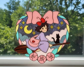 Kiki's Delivery Service Resin Suncatcher, Cute Witch & Jiji Cat Acrylic Window Hanging, Heart Faux Stained Glass Art, Ghibli Home Decor