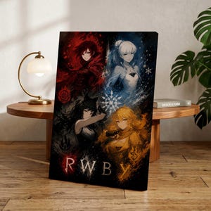 May include: A rectangular canvas print featuring four anime-style characters in a dark, atmospheric composition. The artwork displays red, blue, black, and yellow color themes with the text RWBY at the bottom, accented by floral and snowflake motifs.