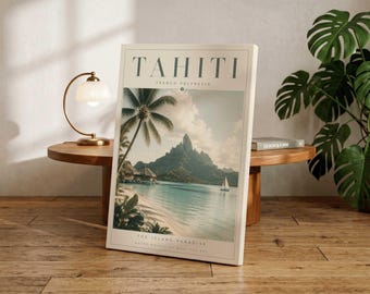 Tahiti Travel Poster, French Polynesia Wall Art, Tropical Beach Decor, Coastal Landscape Print, Island Paradise Artwork, Vintage Travel