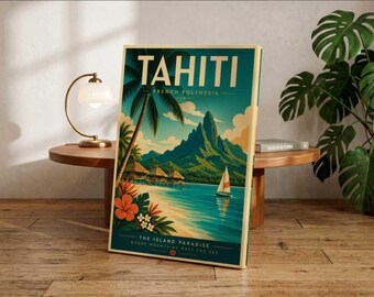 Tahiti Travel Poster, Vintage French Polynesia Wall Art, Tropical Beach Print, Retro Island Paradise Artwork, Coastal Decor, Bora Bora