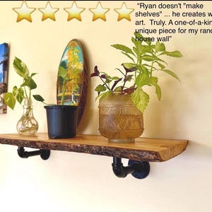 Live Edge Wood Shelf with Industrial Pipe Brackets – Rustic Floating Wall Shelf
