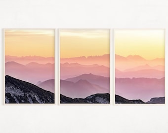 Juego de 3 pósteres de atardecer en la montaña, impresión digital abstracta de montaña, arte paisajístico rosa