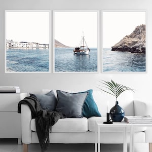 Conjunto de 3 impresiones de Grecia, paquete de impresiones mediterráneas, fotografía de Santorini, Grecia, arte mural costero griego, póster de viaje bohemio con fotos de playa