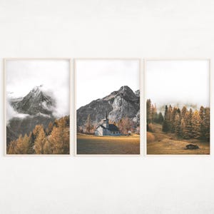 Autumn Forest Printable Art Set of 3, Fall Landscape Prints, Foggy Mountain Wall Art, Forest Landscape Home Decor, Living Room Art Prints