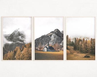 Mountain Landscape Print Set of 3, Foggy Mountain Art, Digital Autumn Forest Poster