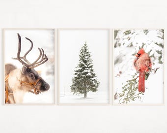 Snowy Christmas Wall Art Set of 3, Deer Poster, Minimalist Winter Print, Farmhouse Decor
