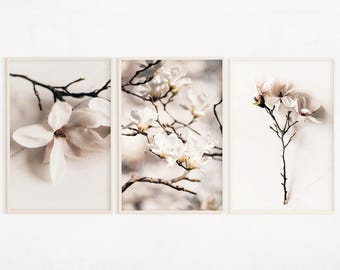 Set di 3 stampe floreali rosa, arte digitale da parete con fiori rosa, stampa floreale vintage