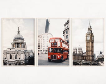 Conjunto de 3 piezas de arte digital de Londres: póster del Big Ben, impresión de autobús londinense, decoración del Reino Unido