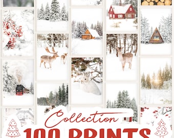 100 winterafdrukken, kerstgalerijmuur, besneeuwde landschapskunst aan de muur, decoratie boerderijvakantie