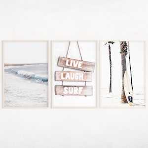 Coastal Wall Art, Printable Set of 3 Tropical Prints, Palm Tree Photography, Surfboard Poster, Beach Cottage Decor, Digital Download
