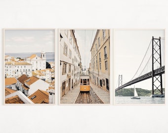 Lisbon Art Print Set of 3, Digital Yellow Tram, Europe Travel Poster