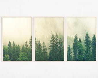 Set di 3 stampe di foresta verde nebbiosa, arte boschiva, poster digitale di foresta di pini