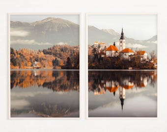 Set di 2 stampe artistiche di Mountain Lake, decorazione per case sul lago, poster digitale di paesaggi autunnali