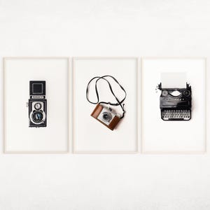 Conjunto de 3 artes para impressão de câmera vintage, arte de parede com tecnologia retrô, foto de máquina de escrever antiga, decoração retrô para casa, arte de parede para sala de estar, decoração com fotos