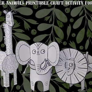 Manualidades de animales de papel imprimibles para niños: elefante, jirafa y león / Colorear, recortar y crear / Descarga digital