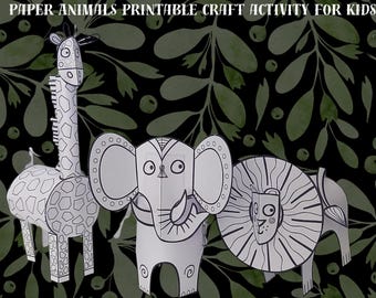 Printable Paper Animal Craft for Kids – Elephant, Giraffe, Lion | Colour, Cut & Make | Digital Download