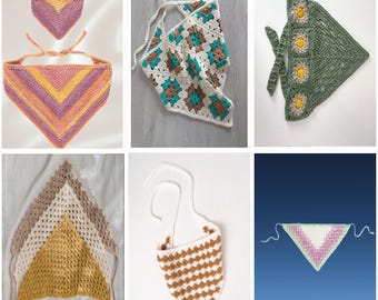 Crochet Bandana Pattern Bundle, 6 Hair Scarf Patterns, Granny Square Kerchief