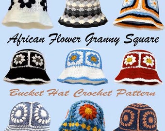 May include: Nine colorful crochet bucket hats with floral designs. The hats are in various colors, including white, black, blue, and red, with intricate patterns. Text on the image reads "African Flower Granny Square" and "Bucket Hat Crochet Pattern."