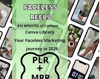 May include: A digital marketing graphic with the text "5060 Faceless Reels" and "812 Minutes of Content." The image includes the words "Canva Library," "Your Faceless Marketing journey in 2026," and "PLR + MRR."