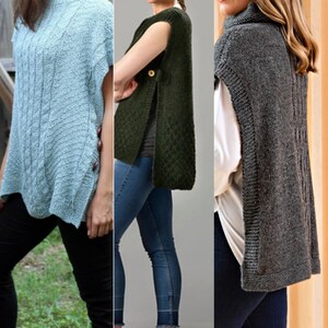 May include: Three knitted garments: a light blue short-sleeved sweater with button details, a dark green vest with a side slit and a button closure, and a grey shawl-collar cape. All are made of textured knit fabric.