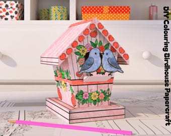 Printable Paper Birdhouse Craft for Kids – Valentine's Day DIY Origami Coloring Activity – Instant Download