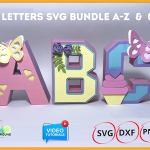 Paquete de letras SVG 3D A-Z 0-9 / Alfabeto SVG con y sin agitador / Plantillas de letras 3D para Cricut, Silhouette y corte láser