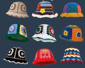 May include: Nine colorful crochet bucket hats with a retro granny square design are displayed. The hats feature various color combinations, including beige, green, red, and blue, with floral and geometric patterns. Text at the top reads "Retro Granny Square Hat" and at the bottom "Crochet Bucket Hat Pattern."