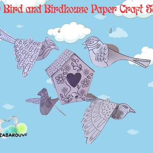 Uccello e casetta per uccelli in carta 3D SVG / Attività fai da te per bambini / Lavoretto da colorare stampabile / Modello di carta divertente per bambini / Progetto artistico creativo